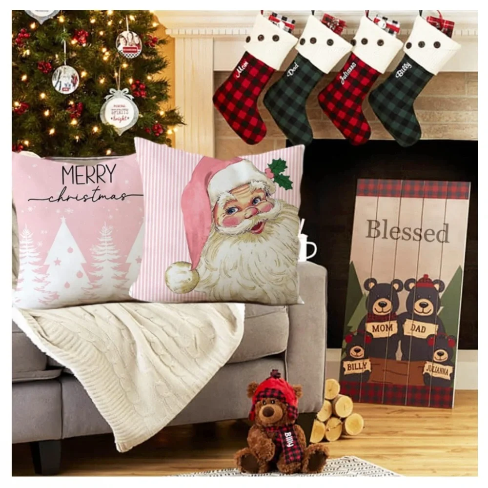 🎄💖 NEW Christmas Pillow Covers Set of 4 Pink Cute Farmhouse Shabby Chic Xmas